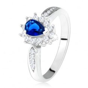 Lesklý prsten - stříbro 925, tmavě modrý zirkon - slza, čiré kamínky SP27.15
