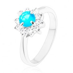 Lesklý prsten s úzkými hladkými rameny, zirkonový květ modré a čiré barvy V12.07