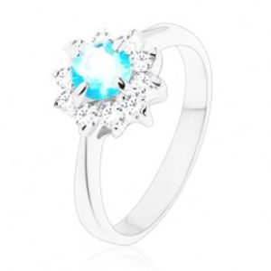 Lesklý prsten s úzkými rameny, světle modrý kulatý zirkon, čirý zirkonový lem V11.17