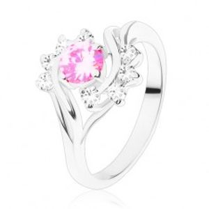 Lesklý prsten s úzkými rameny ve stříbrné barvě, růžový zirkon, čirý oblouk V09.12