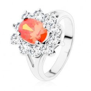 Lesklý prsten se stříbrnou barvou, oranžový ovál, čirá zirkonová obruba V06.02