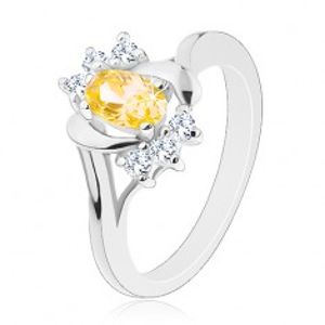 Lesklý prsten se žlutým oválným zirkonem, stříbrná barva, čiré zirkonky G07.21