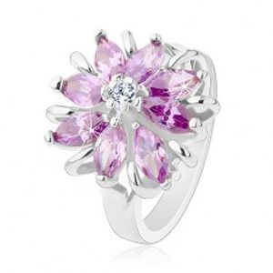 Lesklý prsten, stříbrný odstín, blýskavý květ z barevných zrníčkovitých zirkonů R37.25