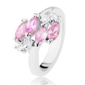 Lesklý prsten ve stříbrné barvě, růžová zirkonová zrnka, čiré zirkonky R32.1