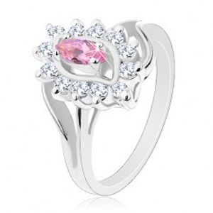 Lesklý prsten ve stříbrné barvě, růžové zirkonové zrnko, kulaté zirkonky G01.17