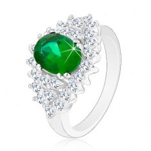 Lesklý prsten ve stříbrném odstínu, broušené čiré zirkonky, tmavě zelený ovál G13.07