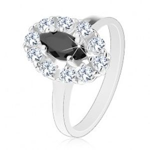 Lesklý prsten ve stříbrném odstínu, černé zrnko s čirou zirkonovou obrubou G13.01
