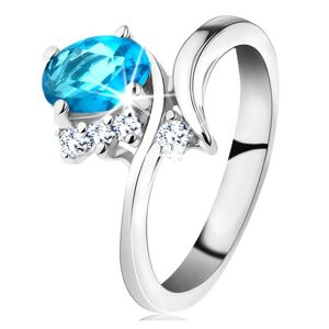 Lesklý prsten ve stříbrné barvě, oválný akvamarínový zirkon, úzká ramena - Velikost: 50