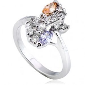 Lesklý prsten z kovu - stříbrný, květ, barevné zirkony v diagonále L10.09