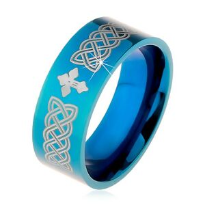 Lesklý prsten z oceli 316L, modrá barva, keltské symboly a kříž, 8 mm - Velikost: 59