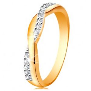Lesklý prsten ze 14K zlata - dvě propletené vlnky - hladká a zirkonová GG190.64/72