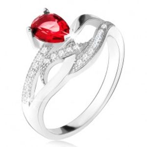 Lesklý prsten ze stříbra 925, červený kámen ve tvaru slzy, zvlněné zirkonové linie S75.16