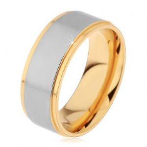 Lesklý stříbrno-zlatý ocelový prsten se dvěma zářezy - Velikost: 67