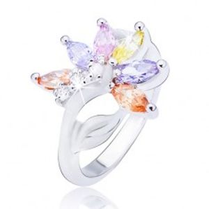 Lesklý stříbrný prsten, květ s barevnými zirkonovými lupeny L10.10