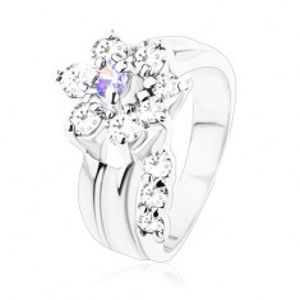 Blýskavý prsten, ohnutý stonek, zirkonový květ ve světle fialové a čiré barvě V07.24