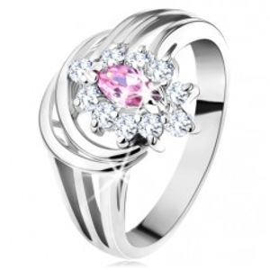 Blýskavý prsten, rozvětvená ramena, růžovo-čirý zirkonový kvítek, obloučky G11.25
