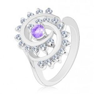 Blýskavý prsten s ozdobnou spirálou s čirým lemem, světle fialový zirkon V03.12