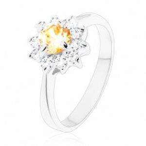 Blýskavý prsten s úzkými rameny, kulatý oranžový zirkon s čirými lupínky V09.11