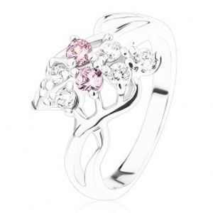 Blýskavý prsten, stříbrná barva, mašlička z růžových a čirých zirkonů R39.1