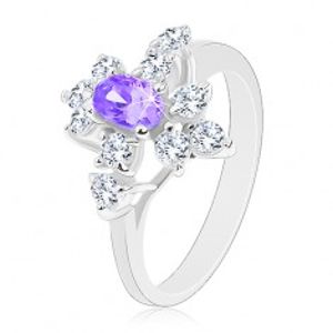Blýskavý prsten, stříbrný odstín, fialový zirkonový ovál, čiré zirkonky G06.01