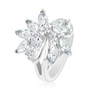 Blýskavý prsten, stříbrný odstín, nesouměrný květ ze zirkonů, lesklé obloučky R38.17