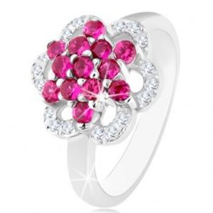 Blýskavý prsten, stříbro 925, lesklá ramena, květ z růžových a čirých zirkonů HH14.12