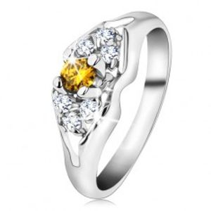 Blýskavý prsten ve stříbrné barvě, rozdělená ramena, žluto-čiré zirkony G11.28