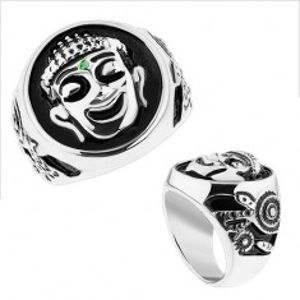 Masivní prsten, ocel 316L, stříbrná barva, černá glazura, usmívající se Budha HH12.13