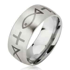 Matný ocelový prsten - stříbrná obroučka, potisk kříže a ryby - Velikost: 59
