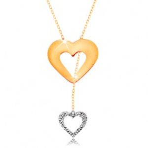 Náhrdelník ve 14K zlatě - jemný řetízek, obrys srdce a visícího srdíčka GG160.03