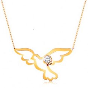 Náhrdelník ve žlutém 9K zlatě - lesklý symbol holubice s čirým zirkonkem, řetízek GG194.18