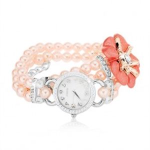 Náramkové hodinky, ciferník se zirkony, korálkový růžový náramek, květ Z05.06