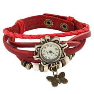 Náramkové hodinky, ozdobně vyřezávané, červený pletený řemínek, korálky S71.13