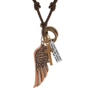 Nastavitelný kožený náhrdelník, přívěsky - andělské křídlo, kruhy, kříž a známka