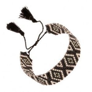 Nastavitelný náramek z korálků, kosočtvercový vzor, černá a stříbrná barva SP89.07