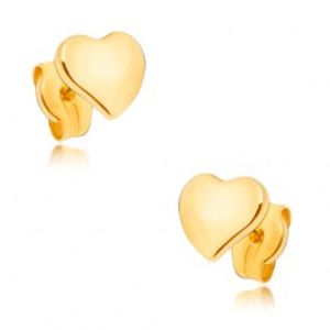 Náušnice ze žlutého 9K zlata - ploché zrcadlově lesklé nesouměrné srdce GG33.07
