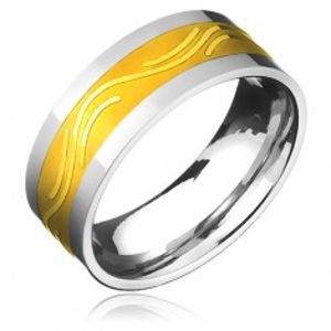 Prsten z chirurgické oceli - zlatavý pás a jemná vlnka B8.01