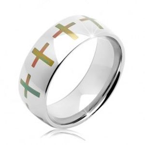 Prsten z chirurgické oceli stříbrné barvy, barevné kříže po obvodu, 8 mm K03.05