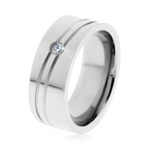 Prsten z chirurgické oceli stříbrné barvy, úzké šikmé zářezy, zirkonek K07.03