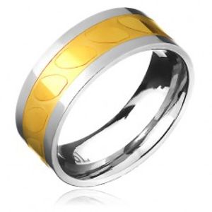 Prsten z oceli - zlato-stříbrný, motiv šikmých oválů B8.02