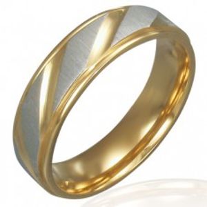 Prsten z oceli - zlato-stříbrný, diagonální rýhování K11.8