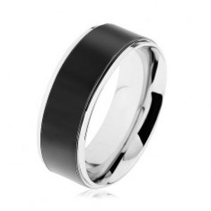 Prsten z oceli 316L, černý pás, vysoce lesklý lem stříbrné barvy HH8.1