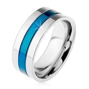 Prsten z oceli 316L, modrý středový pás, okraje stříbrné barvy, zářezy, 8 mm M09.13