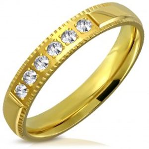 Prsten z oceli ve zlatém barevném odstínu - ozdobné hrany, šest zirkonků, 4 mm K07.06