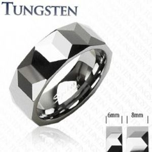 Prsten z wolframu stříbrné barvy, geometricky broušený povrch, 6 mm Z37.7