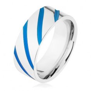 Ocelový prsten stříbrné barvy, diagonální pásy, modrá glazura HH10.10