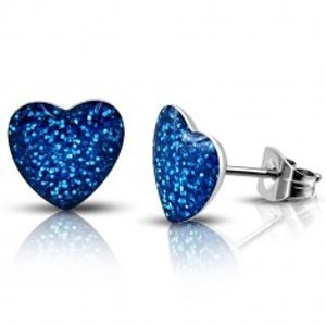 Ocelové náušnice - modré třpytivé srdce, puzetky X22.6