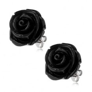 Ocelové náušnice, černý pryskyřicový květ růže, puzetové zapínání, 20 mm S84.10