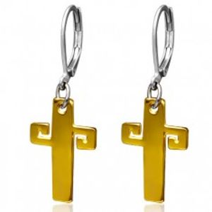 Ocelové náušnice zlaté barvy, kříž s řeckým klíčem S34.17