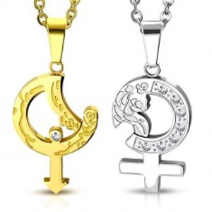 Ocelové přívěsky pro dvojici - zlatá a stříbrná barva, symboly muže a ženy s růží S17.17